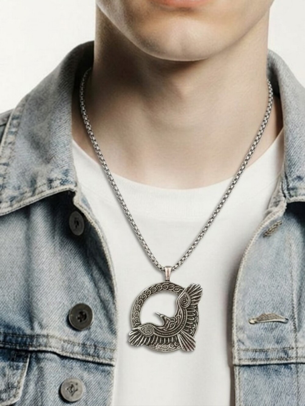 Viking Raven Medallion Necklace Stainless Steel Norse Gothic Eagle Bird Pendant